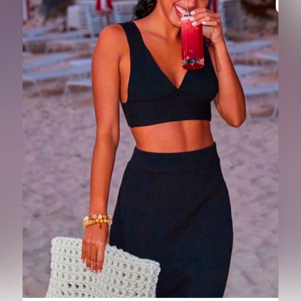 Anthropologie Black “Ribbed” Knit Skirt Set